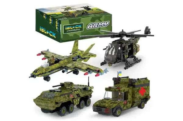 Конструктор IBLOCK PL-921-428 6 диспл. по 8 шт Армія, 205-227дет., 4 вида, р-р уп-ки 24*4,5*16см, коробка 49,2*19,5*16,5 см купити