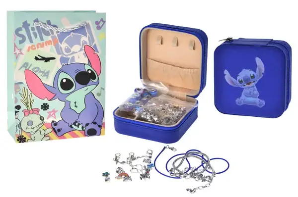 Біжутерія дитяча типу Стіч Пандора, шарми, 2 браслети, шнурок-підвіска, наліпка, в саквояжі купити