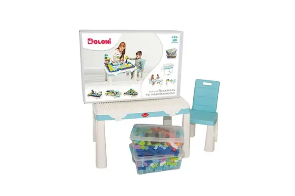Стіл дитячий зі стільцем 04660/7 "Граємось та навчаємось" з конструктором 486 дет., бірюзовий DOLONI купити
