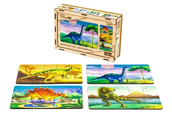 Дерев'яний пазл 4 в 1 "Динозаври" 15 елем. в малюнку PuzzleOK купити