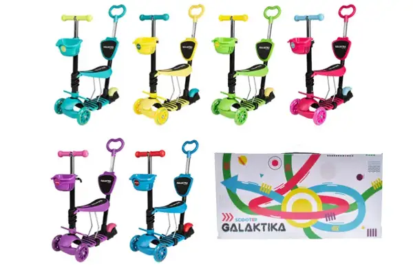 Самокат GS-0081 пластик.з сидінням+ручка+кошик PU світ.120*30 мм 30*11 см 3,2кг 6 кольорів, коробка купити