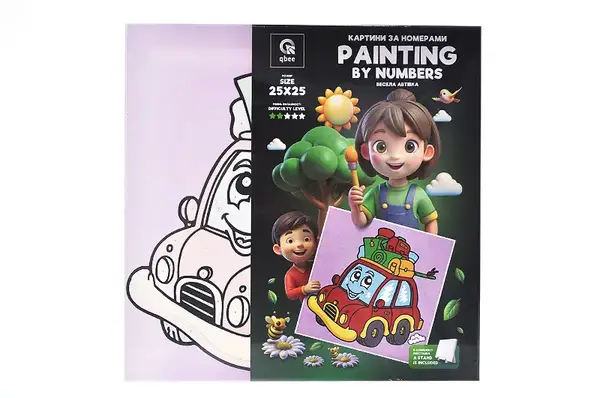 Набір для розпису по номерах 25х25 см QB900-071 "Весела автівка" з дерев'яною підставкою qbee купити недорого в Україні, фото 3