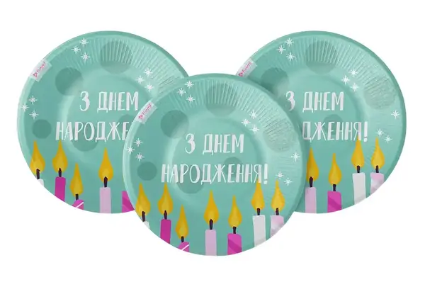 Паперові тарілки 22977 "З днем народження" бірюзові, 18 см (6 шт) funmi купити