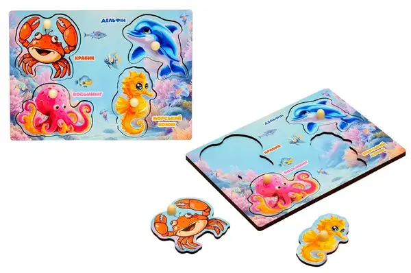 Сортер-вкладиш Puz-88745 "Морські жителі" дерев'яний PuzzleOk купити недорого в Україні, фото 3