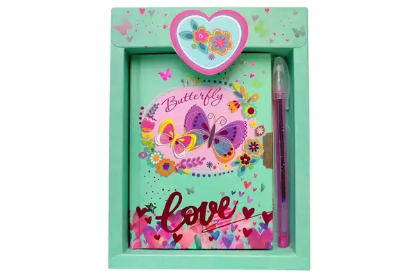 Блокнот дитячий на замочку Метелик в подар.коробочці з ручкою 641962-A 15x11 см, 70g, 56 л купити