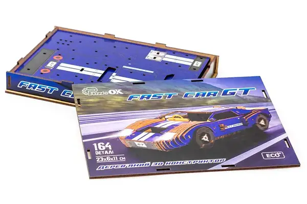 Конструктор Puz-26915"Fast Car GT" дерев'яний, 164 дет., синій, розмір моделі 23х6х11 см PuzzleOk купити недорого в Україні, фото 4