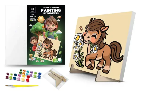 Набір для розпису по номерах 25х25 см QB900-002 / QB901-002 "Конячка" з дерев'яною підставкою qbee купити