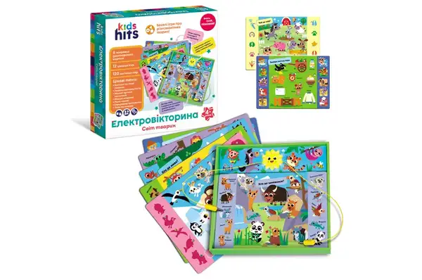 Електровікторина KH55/003 "Про тварин" на батарейки, відповіді на завдання на картках, в коробці 32x31x4.5 см Kids Hits купити
