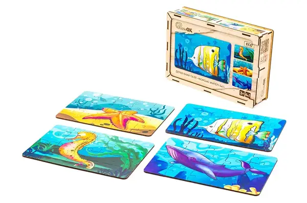 Пазл 4в1 "Морські жителі" дерев'яний, 15 елем., в малюнку PuzzleOK купити недорого в Україні, фото 2
