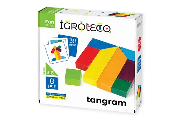 Дерев'яна гра-головоломка 900446 "Танграм із завданнями" 8 дет. в коробці 15x15x4 см. IGROTECO купити