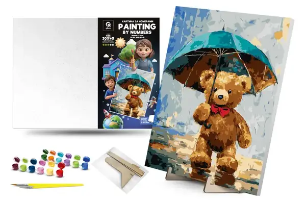 Набір для розпису по номерах 30х40 см QB900-083 "Ведмежа і Дощ" з дерев'яною підставкою qbee купити