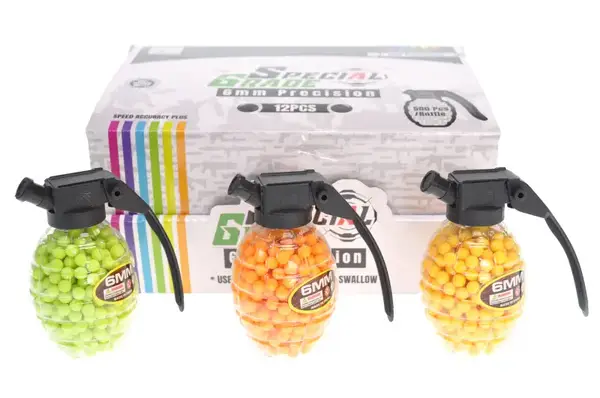 Кулі QF-23 у вигляді гранати, банка 3 кольори 12 шт в коробці 22x9,5x16,5 см, ціна за шт купити