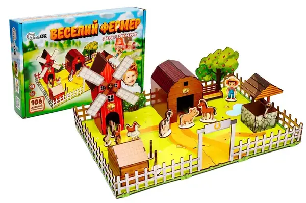 Конструктор Puz-00957 "Веселий фермер" 3D, дерев'яний, в коробці р.59х40х25 см PuzzleOk купити