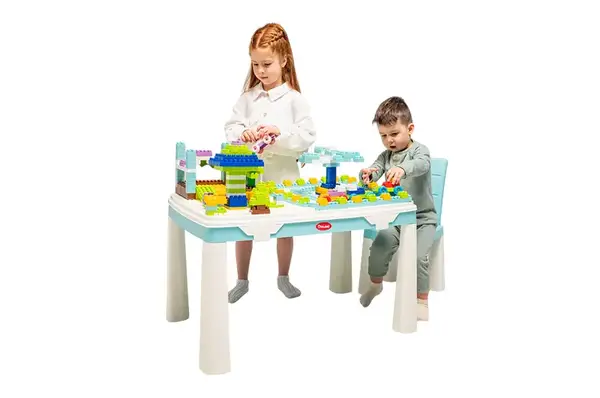 Стіл дитячий зі стільцем 04660/7 "Граємось та навчаємось" з конструктором 486 дет., бірюзовий DOLONI купити недорого в Україні, фото 4