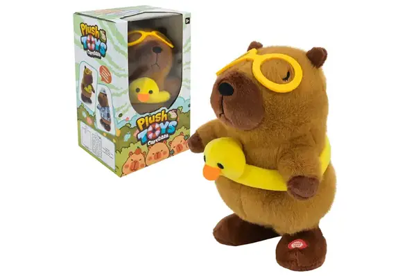 М'яка інтерактивна іграшка C1143 капібара, ходить, співає, повтор голосу з качечкою, коробка р.18,5x16,5x31 см купити