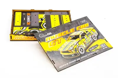 Конструктор Puz-00638 "Muscle Car" дерев'яний, 162 дет., жовтий колір, розмір моделі 24х9х7 см PuzzleOk купити