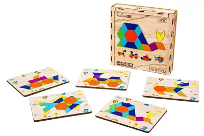 Головоломка дерев'яна Puz-33654 "Танграм" набір 5 малюнків в дерев'яній упаковці, р.23х22.5х4.5 PuzzleOk купити