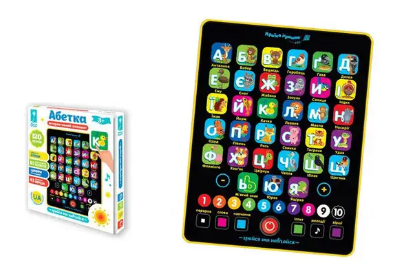 Планшет "Абетка" PL-719-17 на батарейках, навчання, букви, кольори, рахунок; розмір планшета 21x18,6x2см, в коробці 26,5x30x3, 4см купити