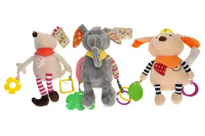 Брязкальце WD210253 підвіска тваринки м'яке з прорізувачем, дзвіночком, шуршить 3 функцій 6 видів, кульок 30см купити