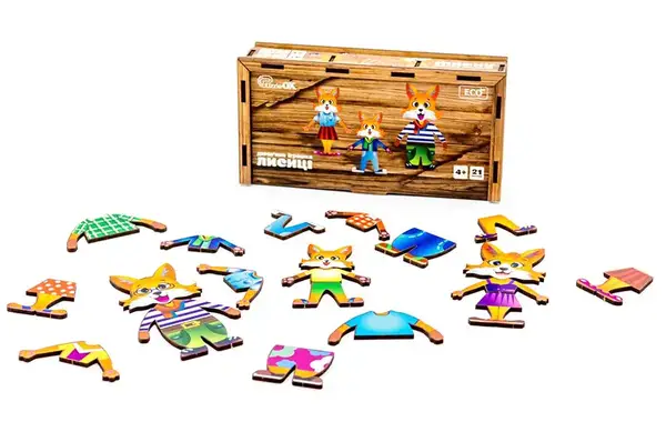 Одягалка Puz-42121 "Лисички" дерев'яна, 21 елм., р. 18х9х4.5 см PuzzleOk купити