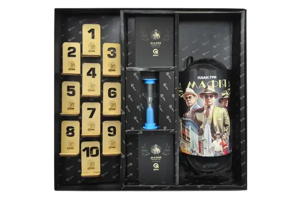 Настільна гра QB701-002 "Мафія Делюкс" з пісочним годинником, пов'язками для очей, номерками qbee купити недорого в Україні, фото 2