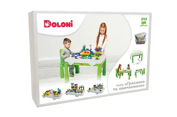Стіл дитячий зі стільцем 04660/2 "Граємось та навчаємось" з конструктором 397 дет., зелений DOLONI купити