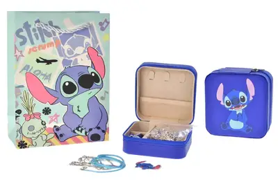 Біжутерія дитяча типу Стіч Пандора, шарми, 2 браслети, шнурок-підвіска, наліпка, в саквояжі купити