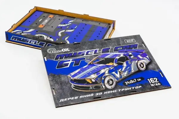 Конструктор "Muscle Car" Puz-00642 дерев'яний, 162 дет., синій колір р. моделі 24*9*7 см PuzzleOk купити недорого в Україні, фото 3