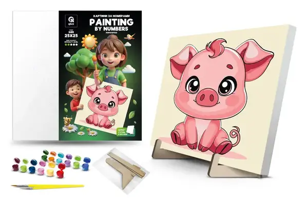 Набір для розпису по номерах 25х25 см QB900-014 "Поросятко" з дерев'яною підставкою qbee купити