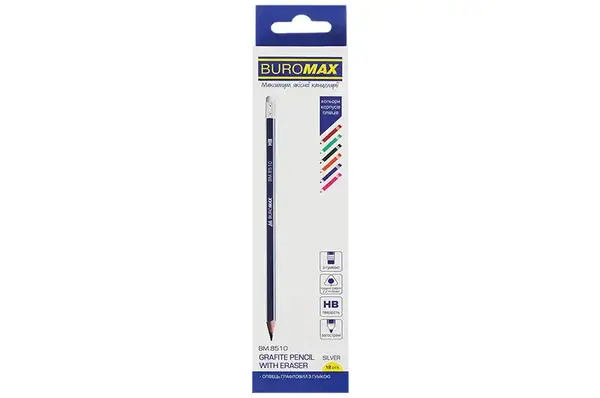 Олівець графітовий BUROMAX NEON LINE НВ з гумкою асорті 12 шт купити