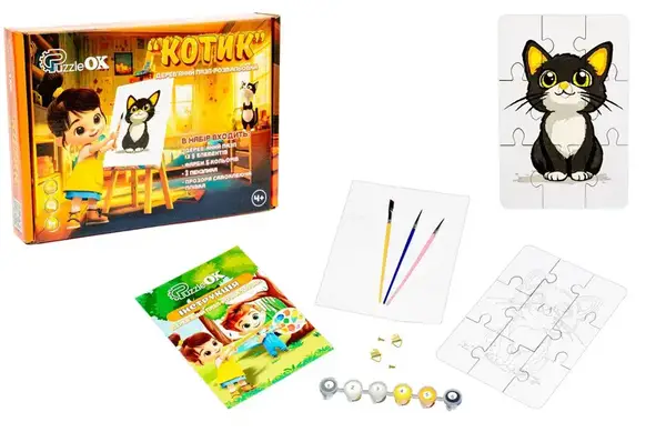 Пазл-розмальовка Puz-22938 "Котик" А5, дерев'яний PuzzleOK купити