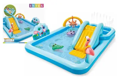 Ігровий центр 57161 "Пригоди в джунглях" з гіркою, фонтаном і м'ячиком в коробці р.257x216x84 см INTEX купити