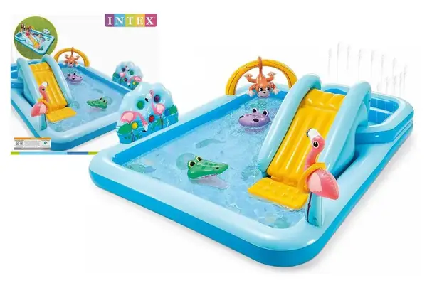 Ігровий центр 57161 "Пригоди в джунглях" з гіркою, фонтаном і м'ячиком в коробці р.257x216x84 см INTEX купити