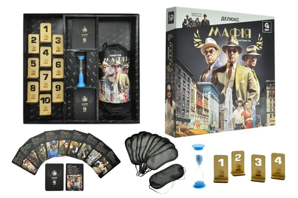 Настільна гра QB701-002 "Мафія Делюкс" з пісочним годинником, пов'язками для очей, номерками qbee купити