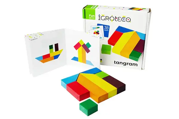 Дерев'яна гра-головоломка 900446 "Танграм із завданнями" 8 дет. в коробці 15x15x4 см. IGROTECO купити недорого в Україні, фото 2