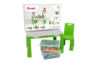 Стіл дитячий зі стільцем 04660/2 "Граємось та навчаємось" з конструктором 397 дет., зелений DOLONI купити