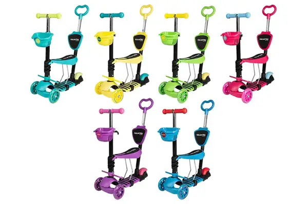 Самокат GS-0081 пластик.з сидінням+ручка+кошик PU світ.120*30 мм 30*11 см 3,2кг 6 кольорів, коробка купити недорого в Україні, фото 2