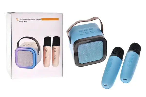Караоке K12 з ДВОМА мікрофонами, блутуз колонка на акумуляторі, роз'єм для карти пам'яті, AUX, USB Type C, в коробці купити