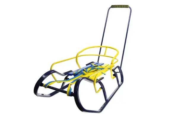 Санки "Експрес" зі спинкою та ручкою, блакитні, блакитно-жовта планка VITAN купити